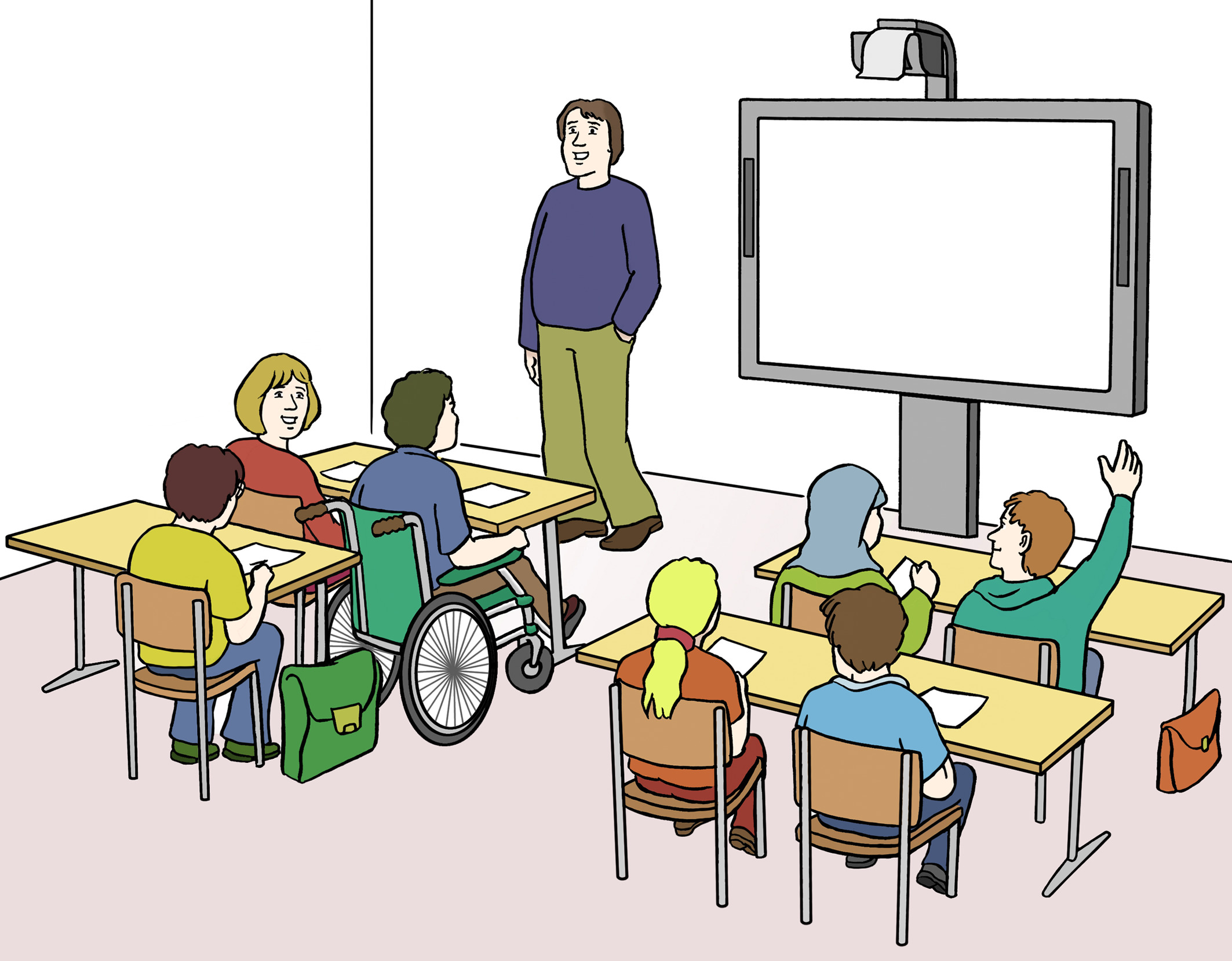 Lehrer steht vor Schulklasse.