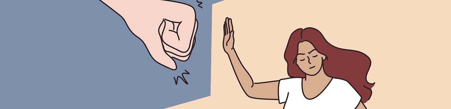 Junge Frau streckt einer großen Faust die Hand abwehrend entgegen.
