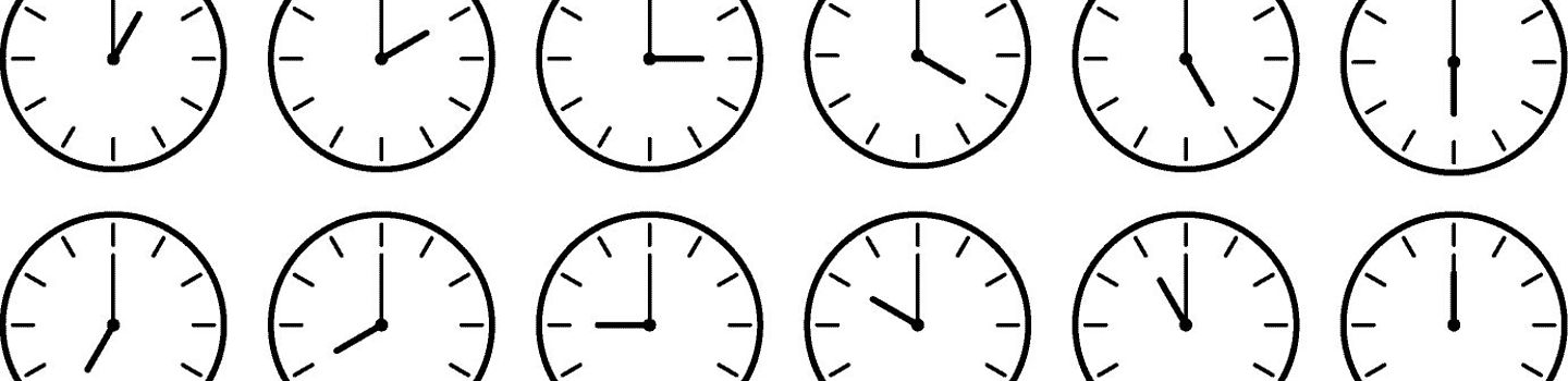 Zeit Icons einer analogen Uhr, die jede volle Stunde anzeigt. - horizontal set of analog clock icon notifying each hour isolated on white,vector illustration