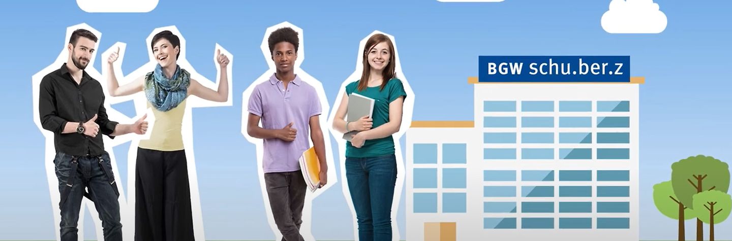 Screenshot aus dem Video "Hilfe bei gesundheitlichen Beschwerden im Job: Das BGW schu.ber.z" - vier junge menschen stehen vor einem illustrierten Gebäude mit aufschrift schu.ber.z