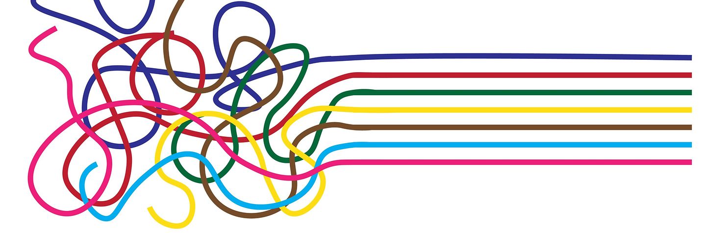 Illustration: Gewirr bunter Linien wird zu parallel laufenden Linien
